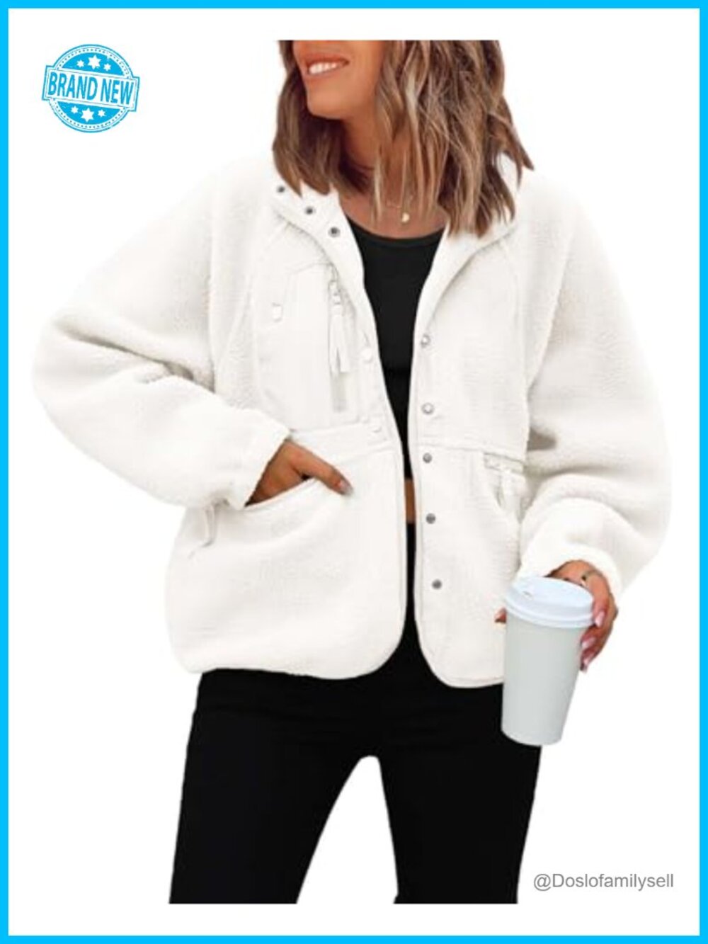 Womens Cropped Fuzzy Fleece Button Down Jacket
